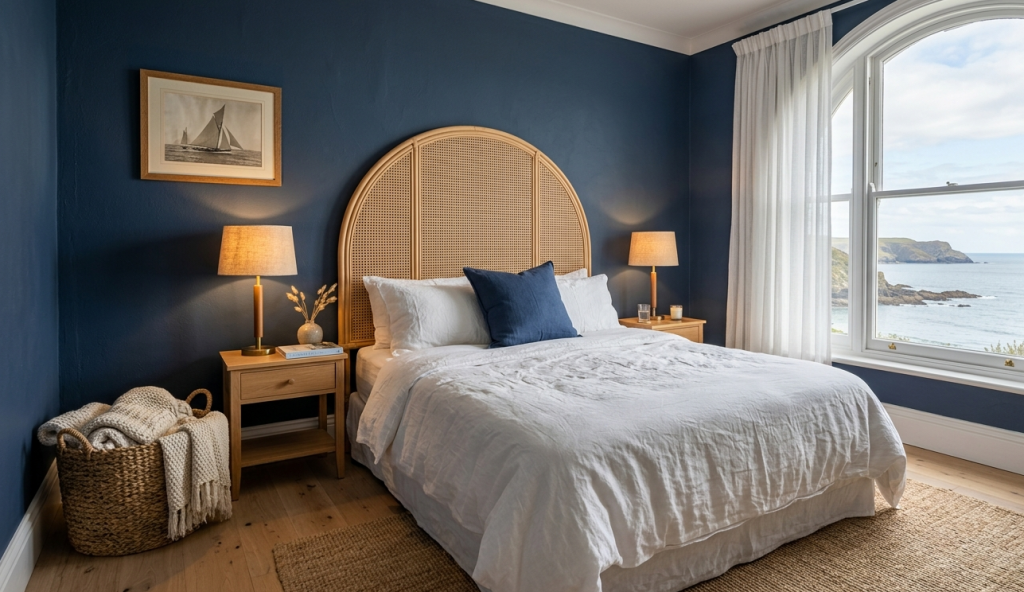 Navy Walls with a Rattan Headboard
