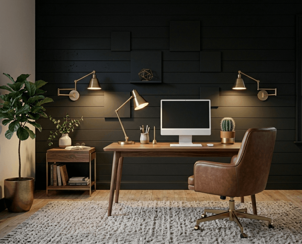 Black Geometric Panels in a Home Office