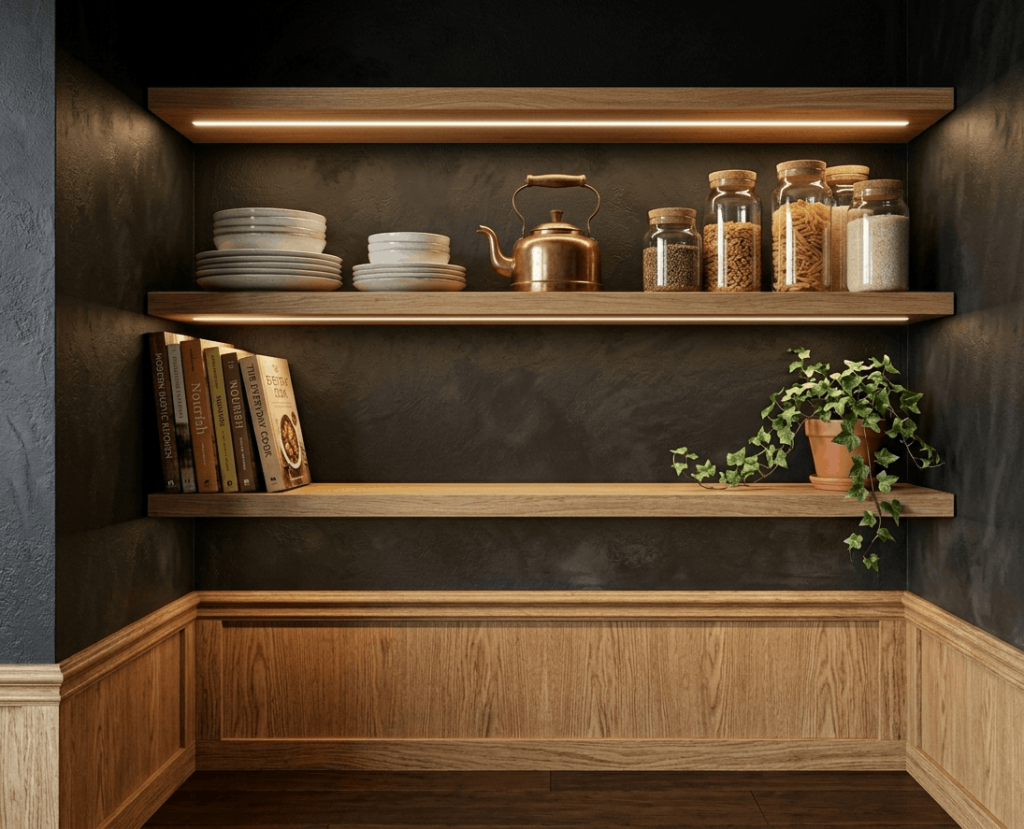 Black Wall Behind Open Shelving