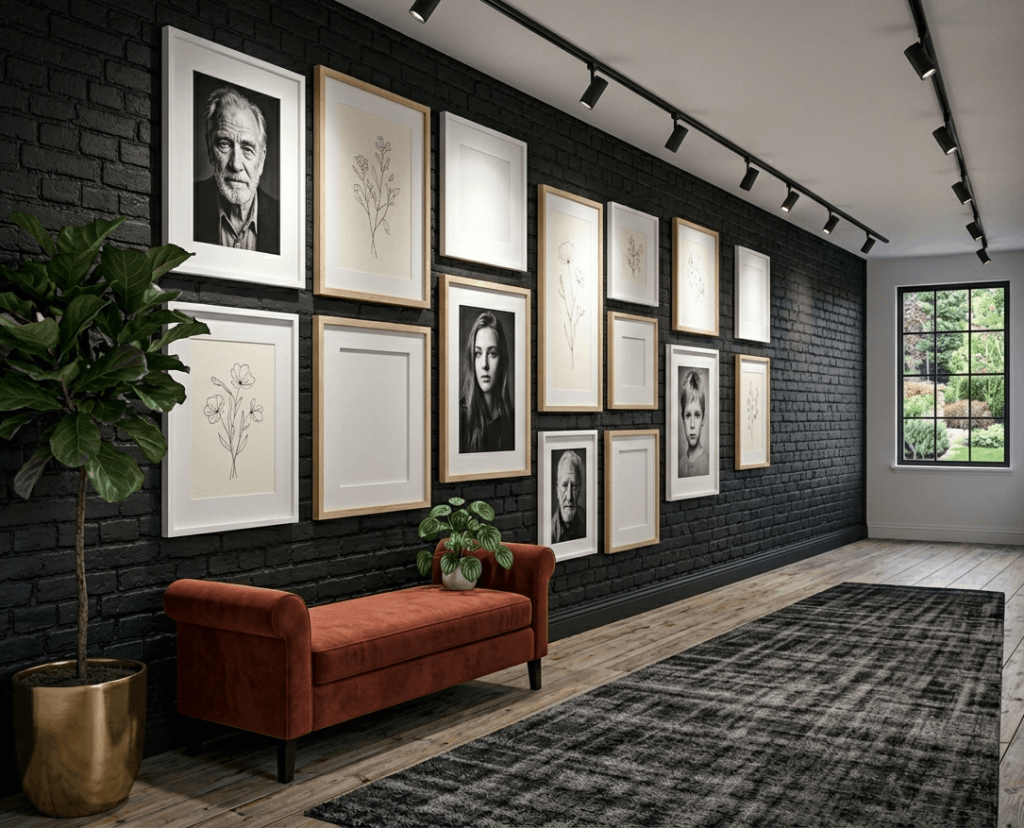 Black Wall with Gallery of White Frames