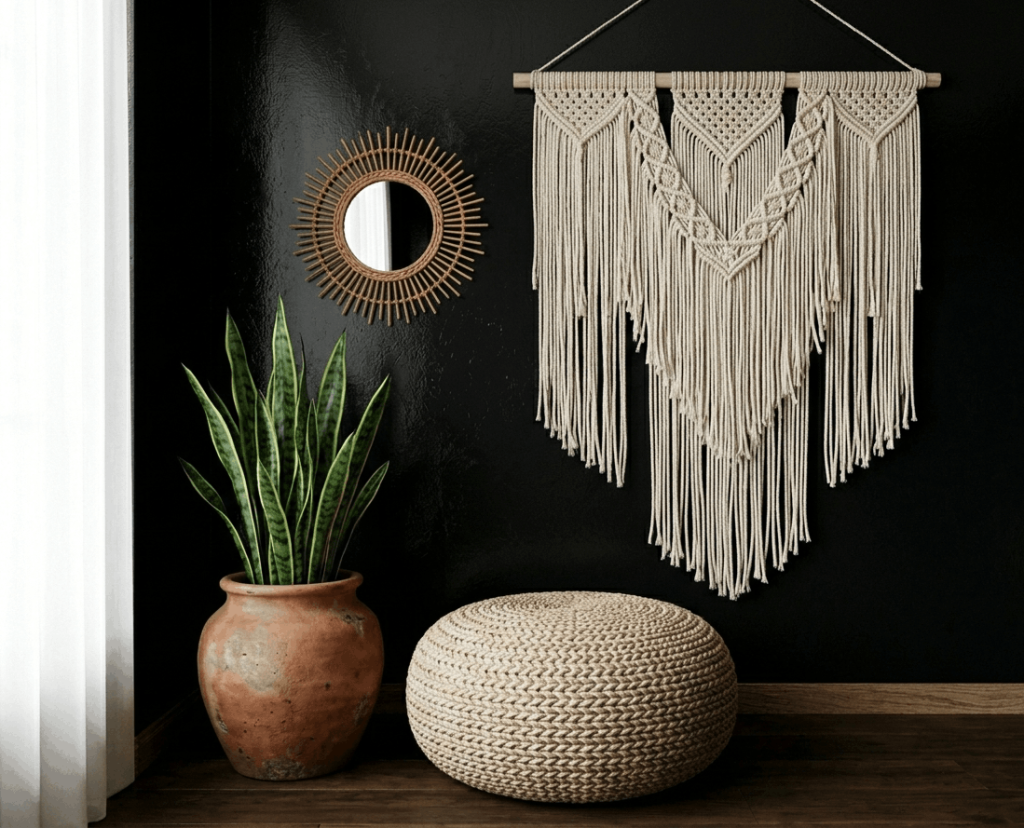 Black Wall with Woven Wall Hangings