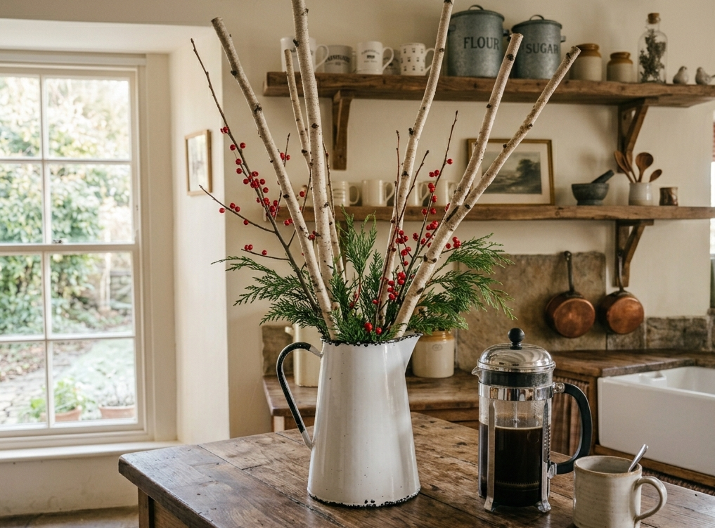 Enamelware Pitcher with Birch Branches