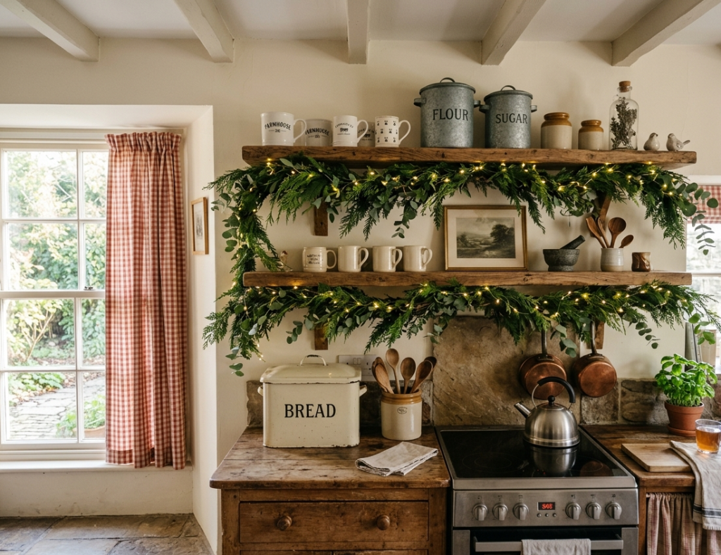 Greenery Garland Across Open Shelving