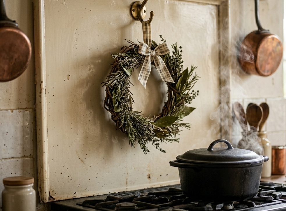 Hanging Herb Wreath Over the Stove