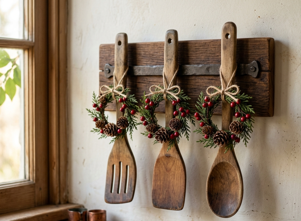 Hanging Wooden Spatulas with Berry Wreaths
