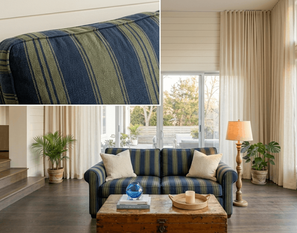 Matte Navy and Faded Olive Striped Upholstery