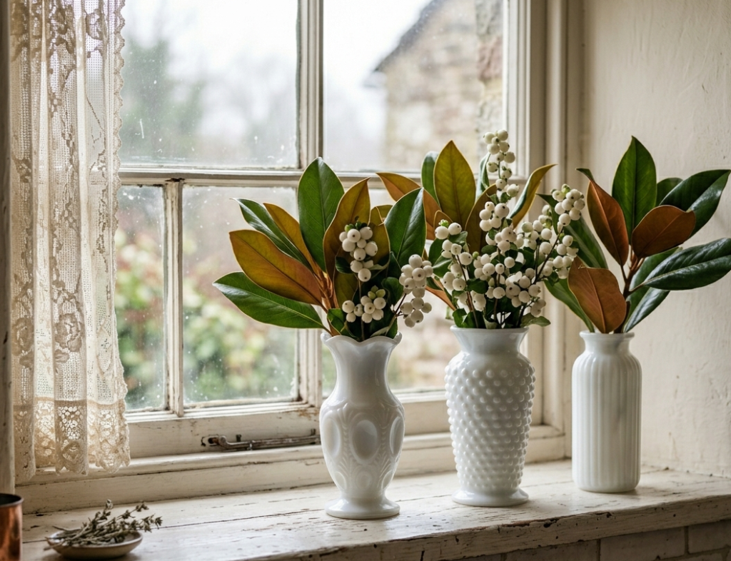 Milk Glass Vase with Winter Greenery
