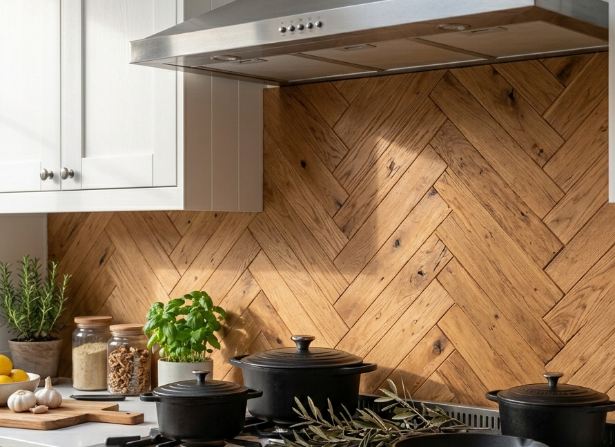 Oak Herringbone Floor Backsplash