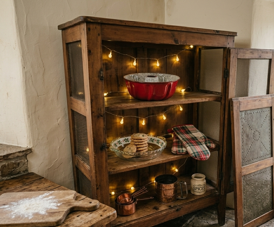 Pie Safe Styled with Christmas Bakeware