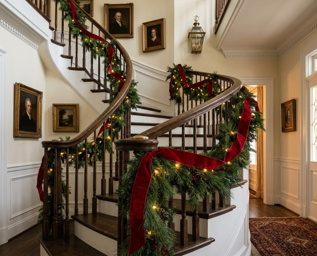 Staircase Greenery and Ribbon