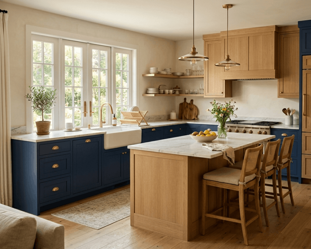 Two-Tone Wood and Navy Cabinets