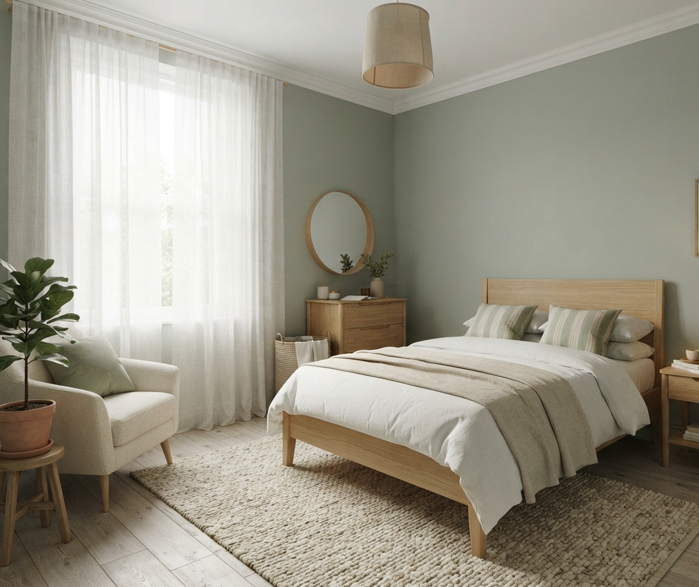 Light Oak Cabinets with Soft Green Walls