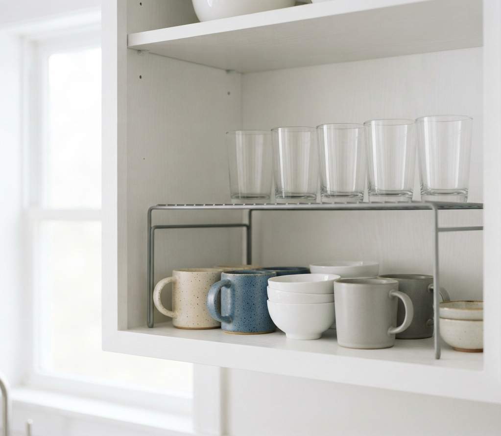 Use Stackable Shelving Inside Cabinets